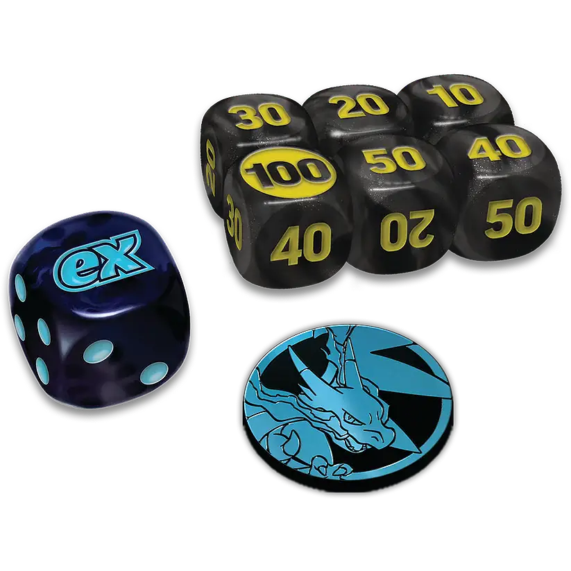 Set of dice with numbers and a dragon emblem on a white background