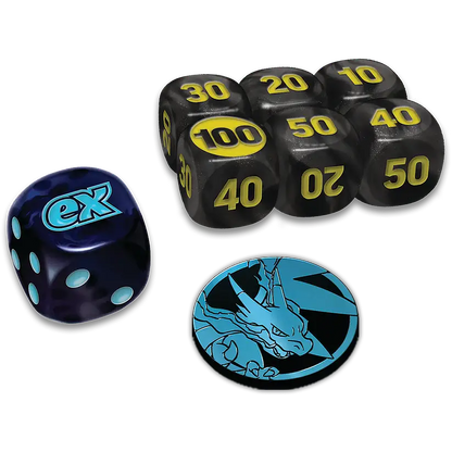 Set of dice with numbers and a dragon emblem on a white background