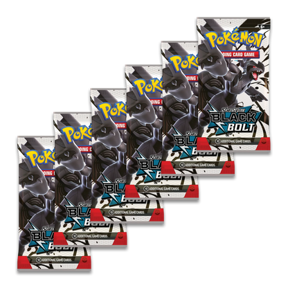 Pokémon trading card game packs featuring Black Bolt theme on a white background