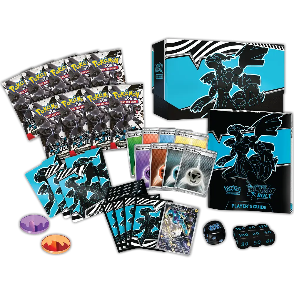 Pokémon Black & White trading card game set with cards, guidebook, and accessories on a white background