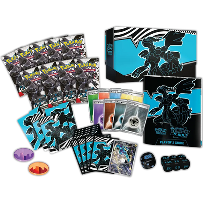 Pokémon Black & White trading card game set with cards, guidebook, and accessories on a white background