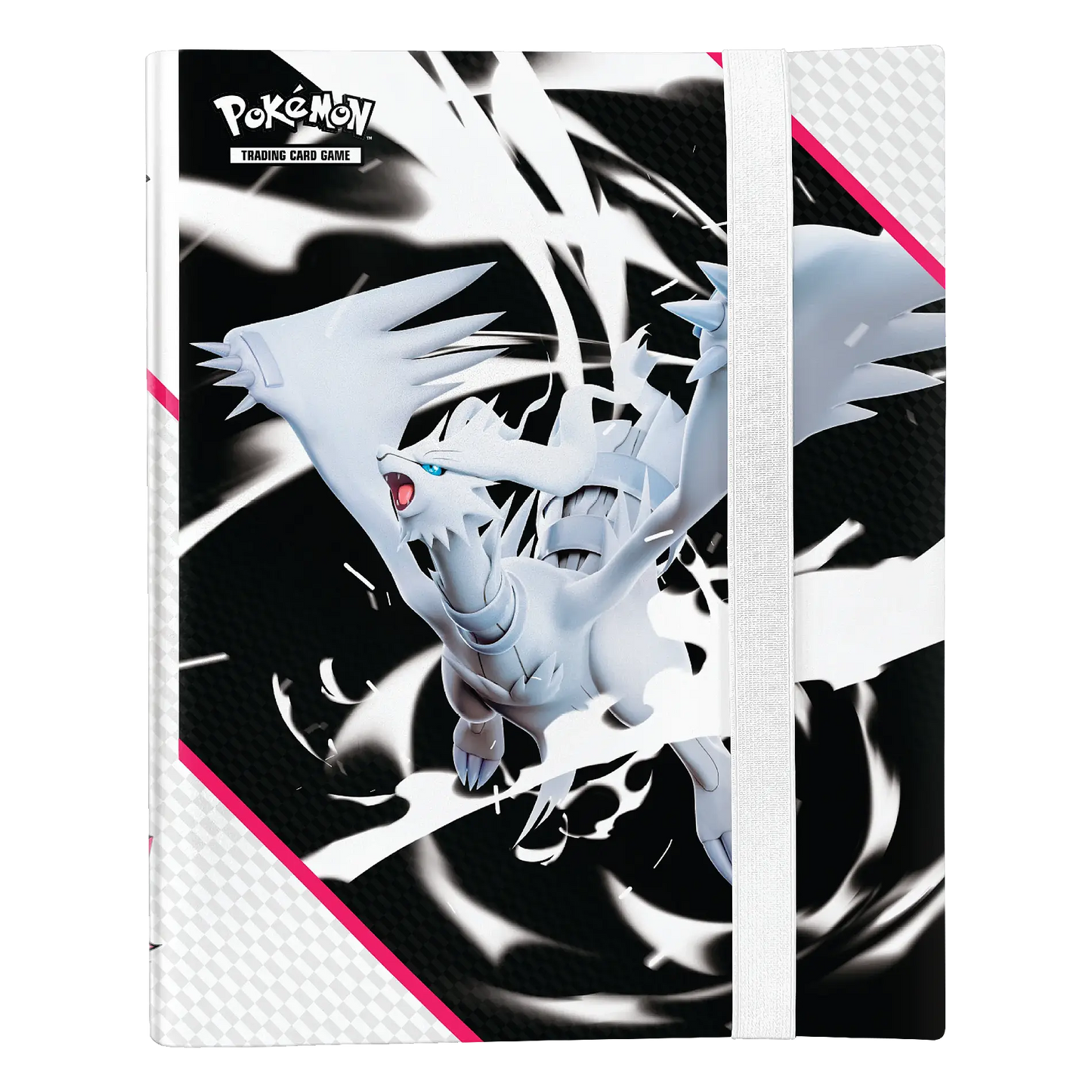Pokémon trading card game binder with a white dragon-like creature on a black and pink background