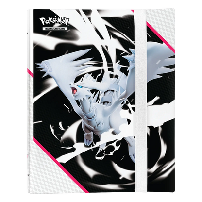 Pokémon trading card game binder with a white dragon-like creature on a black and pink background