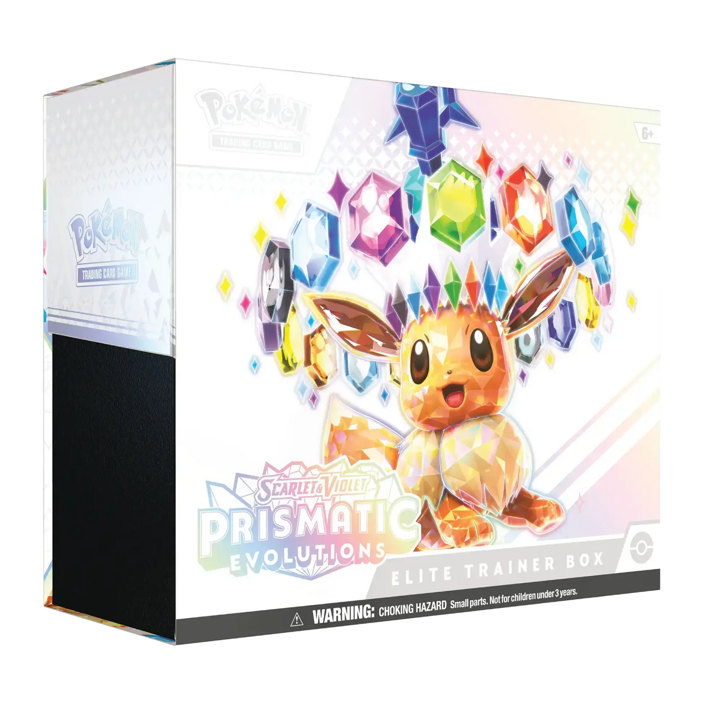Pokémon Scarlet & Violet Prismatic Evolutions Elite Trainer Box packaging with Eevee illustration.