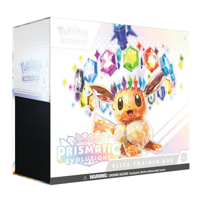 Pokémon Scarlet & Violet Prismatic Evolutions Elite Trainer Box packaging with Eevee illustration.
