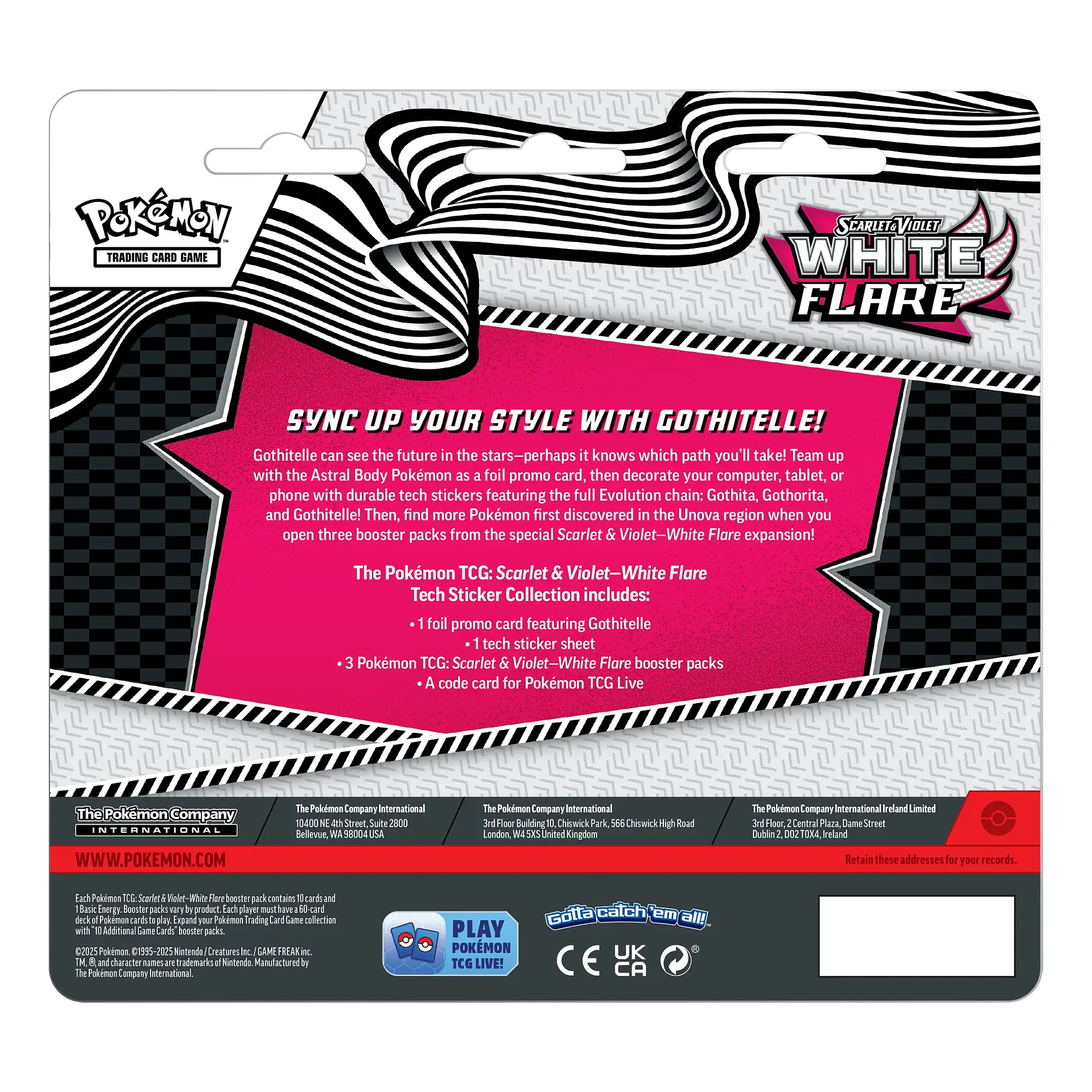 Pokémon trading card game pack with 'White Flare' and 'Gothitelle' branding on a white background