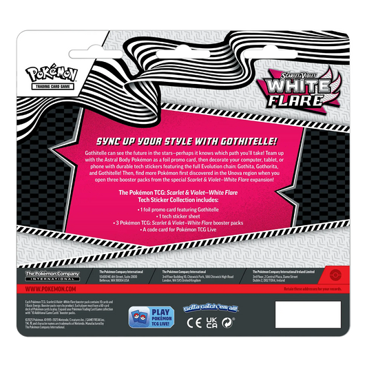 Pokémon trading card game pack with 'White Flare' and 'Gothitelle' branding on a white background