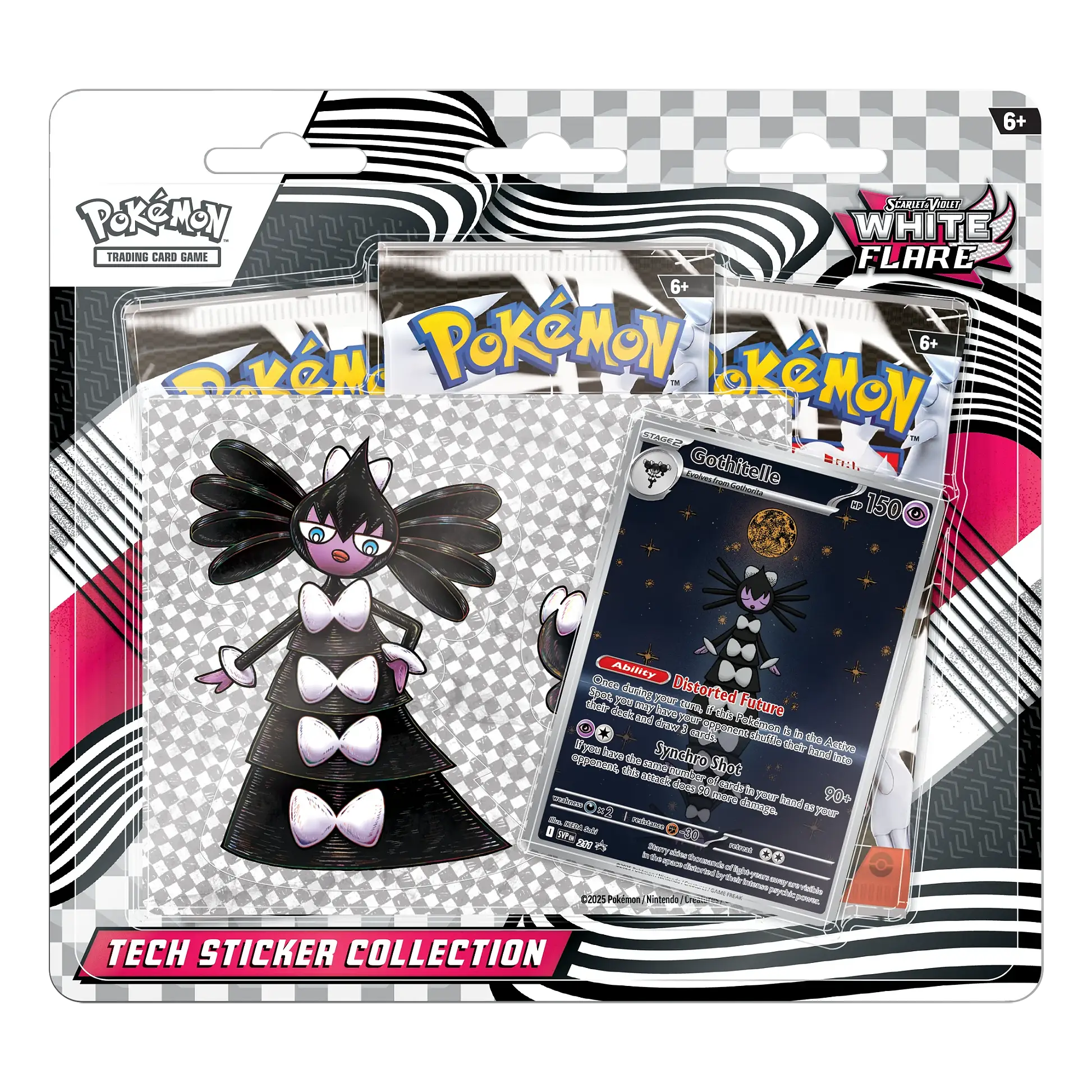 Pokémon trading card game pack with character figure and card on a checkered background