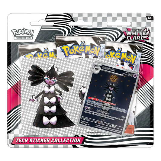 Pokémon trading card game pack with character figure and card on a checkered background